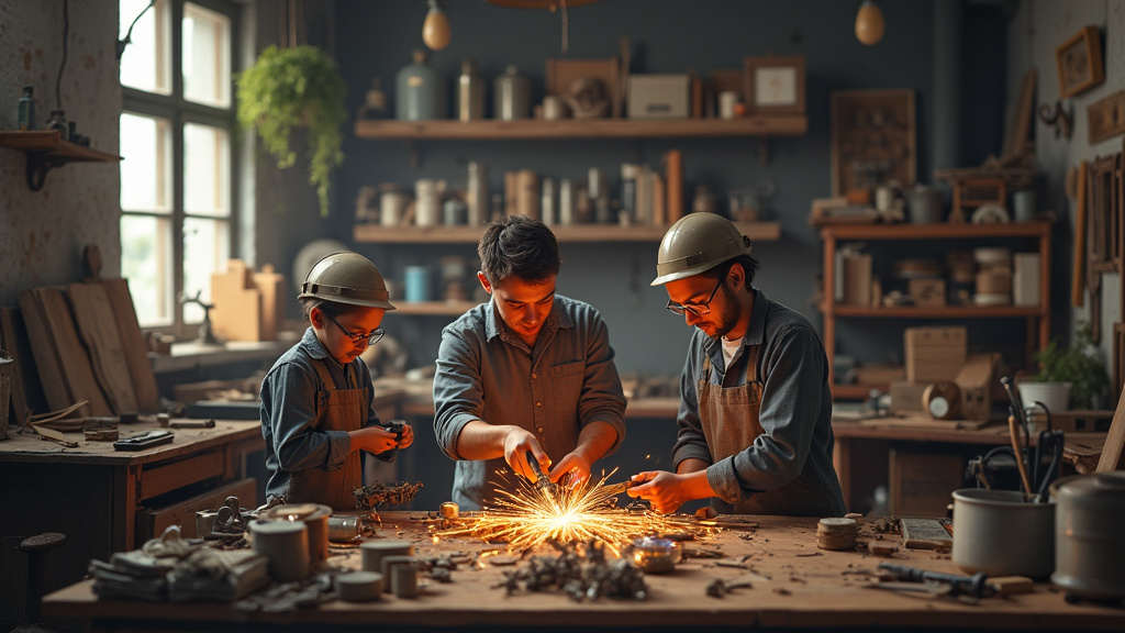 Tri manuel de ferraille dans un atelier de recyclage