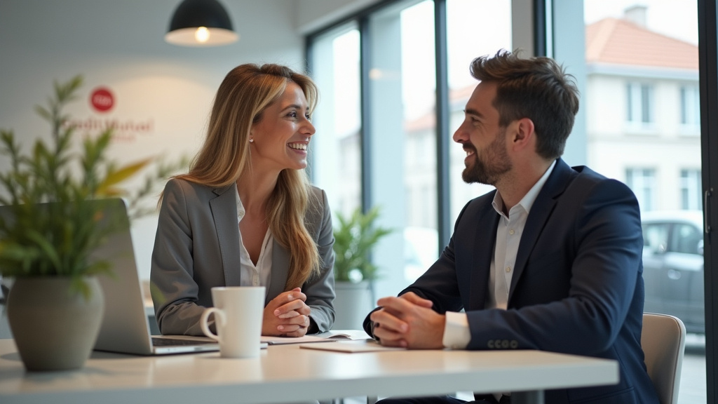 Client en discussion avec un conseiller Crédit Mutuel en agence