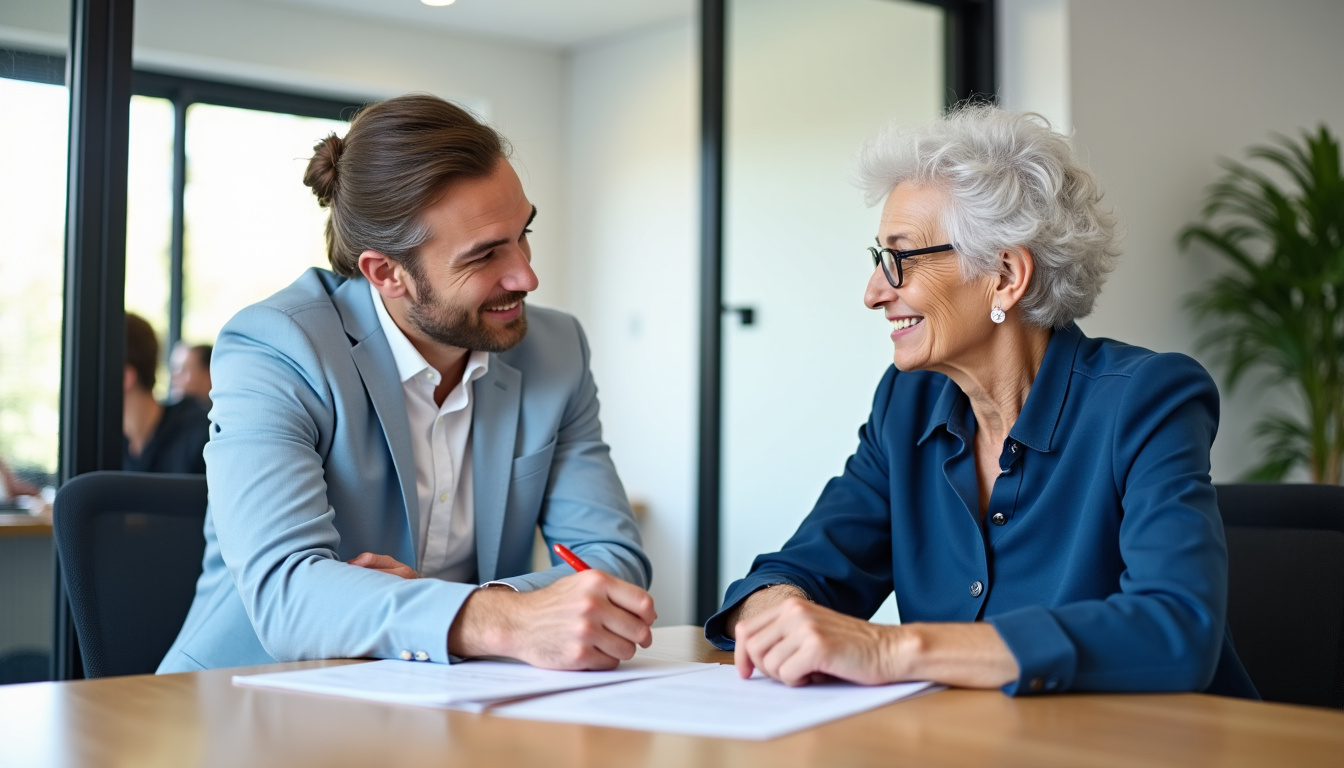 Agence du Crédit Mutuel Enseignant avec un conseiller qui discute avec un enseignant âgé, assis à une table près d