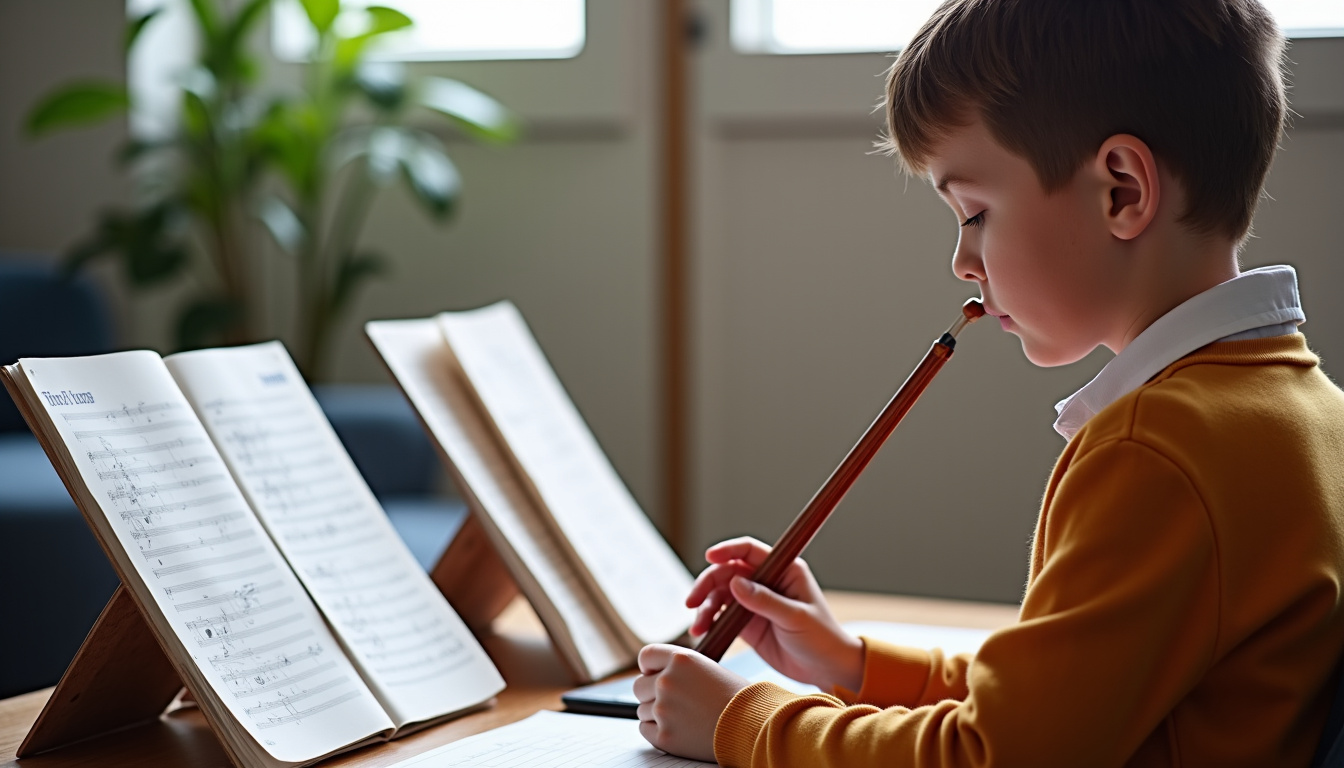 Élève utilisant un instrument de musique prêté par son école