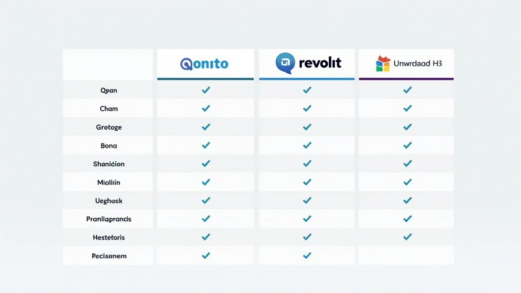 Tableau comparatif entre Qonto, Revolut et une banque traditionnelle