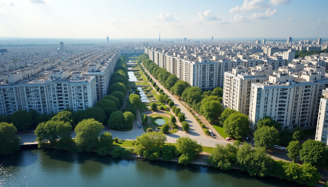 Vue aérienne du quartier des bords de Seine à Carrières-sur-Seine, montrant des immeubles modernes et des espaces verts le long du fleuve