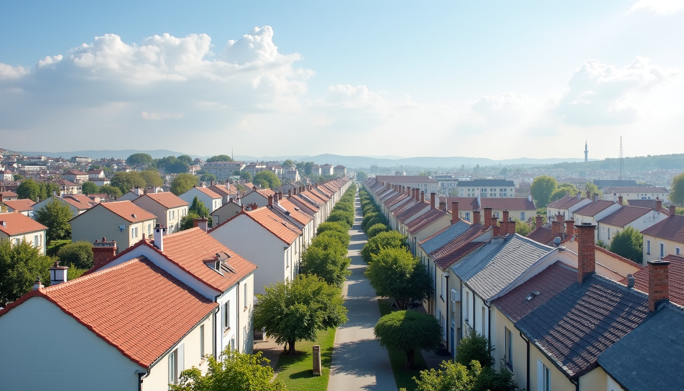 Vue panoramique sur la ville de Questembert avec ses maisons traditionnelles et ses espaces verts