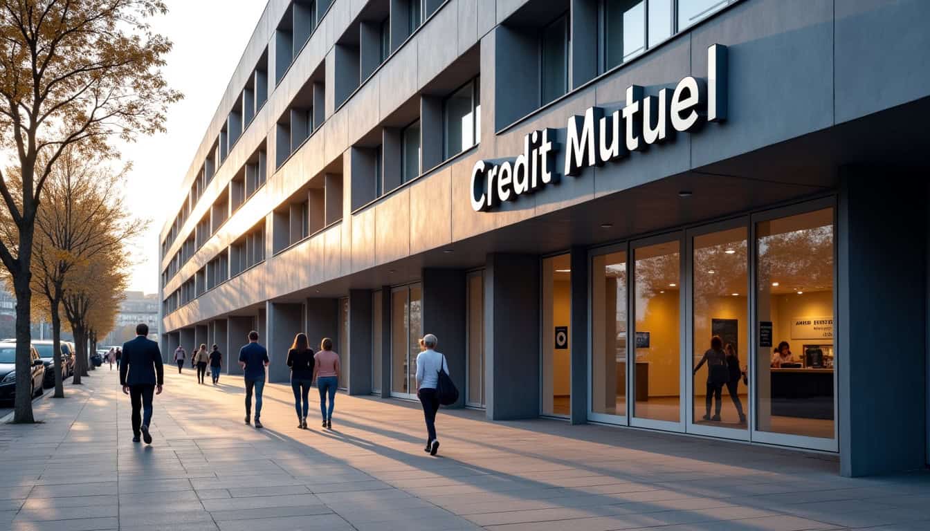 Agence Crédit Mutuel de la rue de la Résistance à Saint-Étienne, avec son enseigne visible