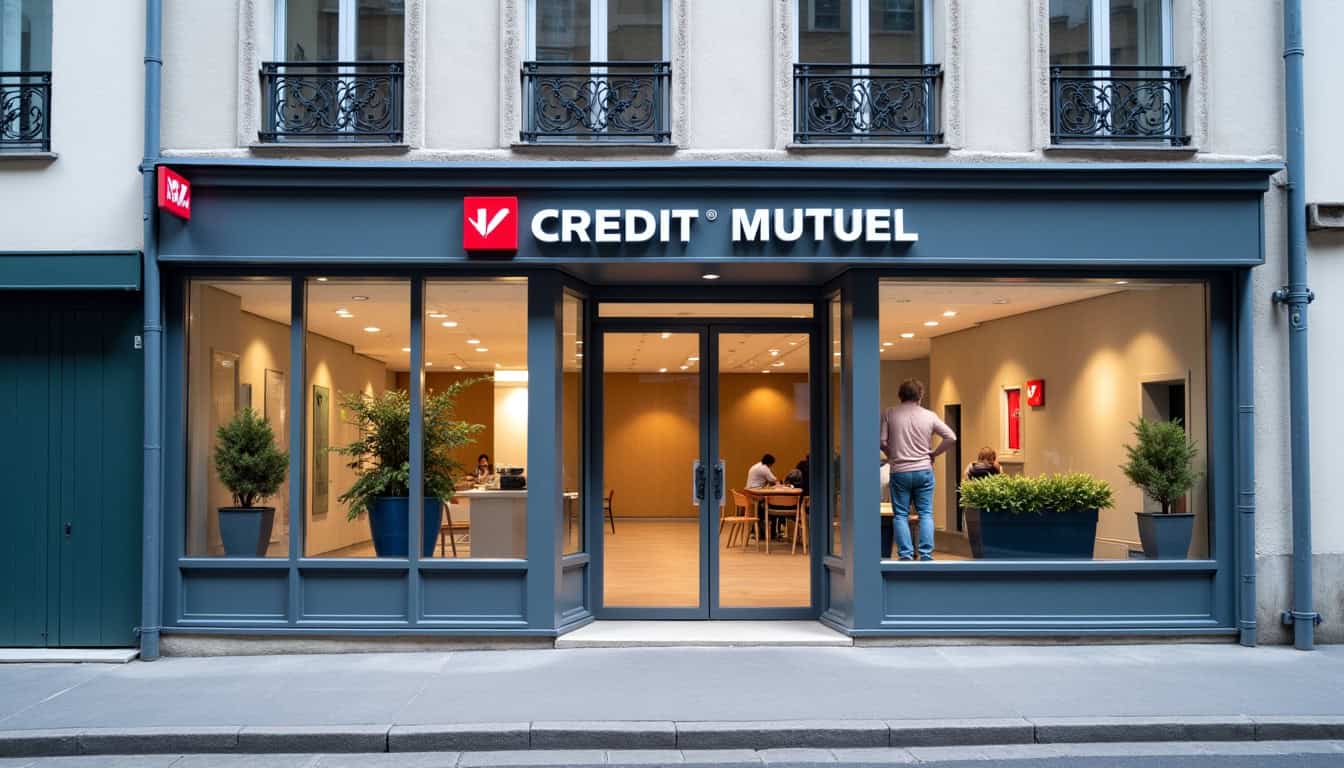 Agence Crédit Mutuel Strasbourg Europe située rue Frédéric-Guillaume Raiffeisen, avec façade en verre et entrée principale bien visible