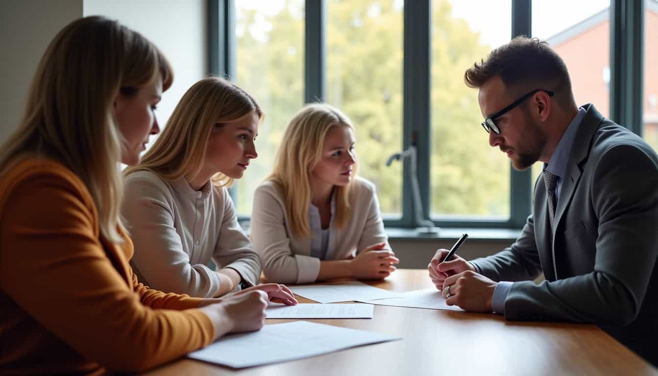 Famille en discussion avec un notaire lors de la signature d