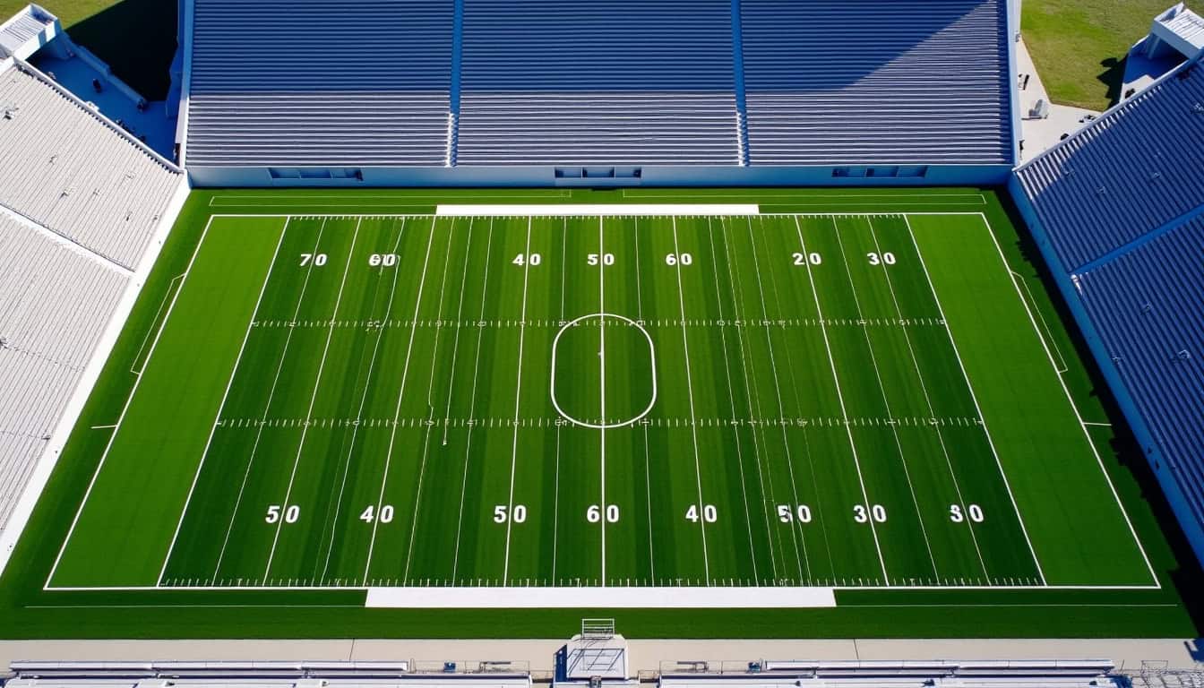 Représentation complète du terrain de football américain avec les différentes zones, lignes de yard et end zones