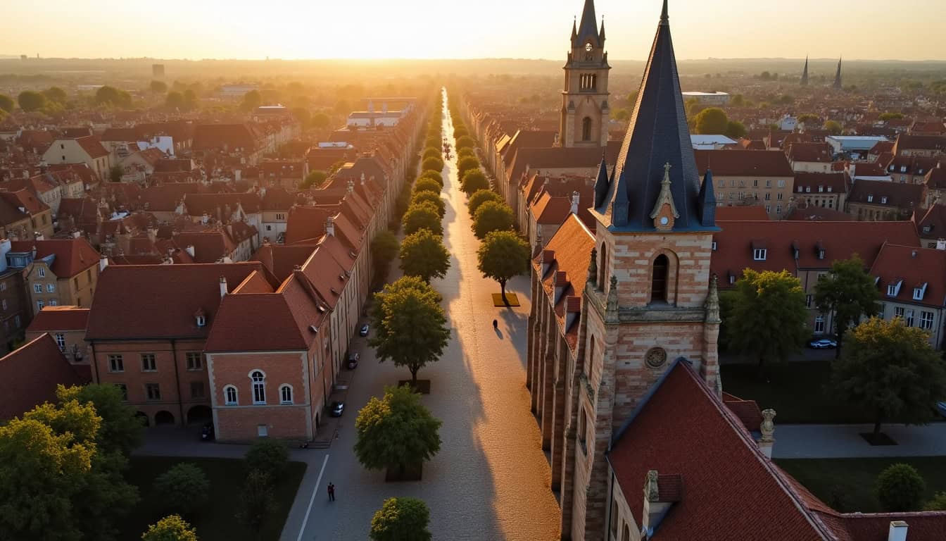 Vue aérienne du centre-ville de Cambrai avec rues pavées et bâtiments historiques