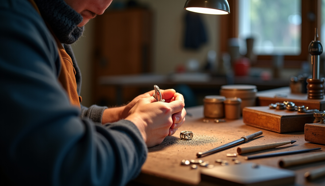 Bijoutier travaillant un bijou en argent 925 dans un atelier