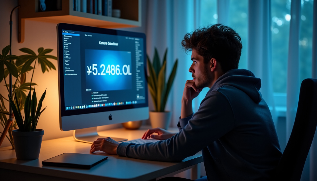 Créateur de contenu réfléchissant devant son écran avec le compteur d’abonnés en arrière-plan