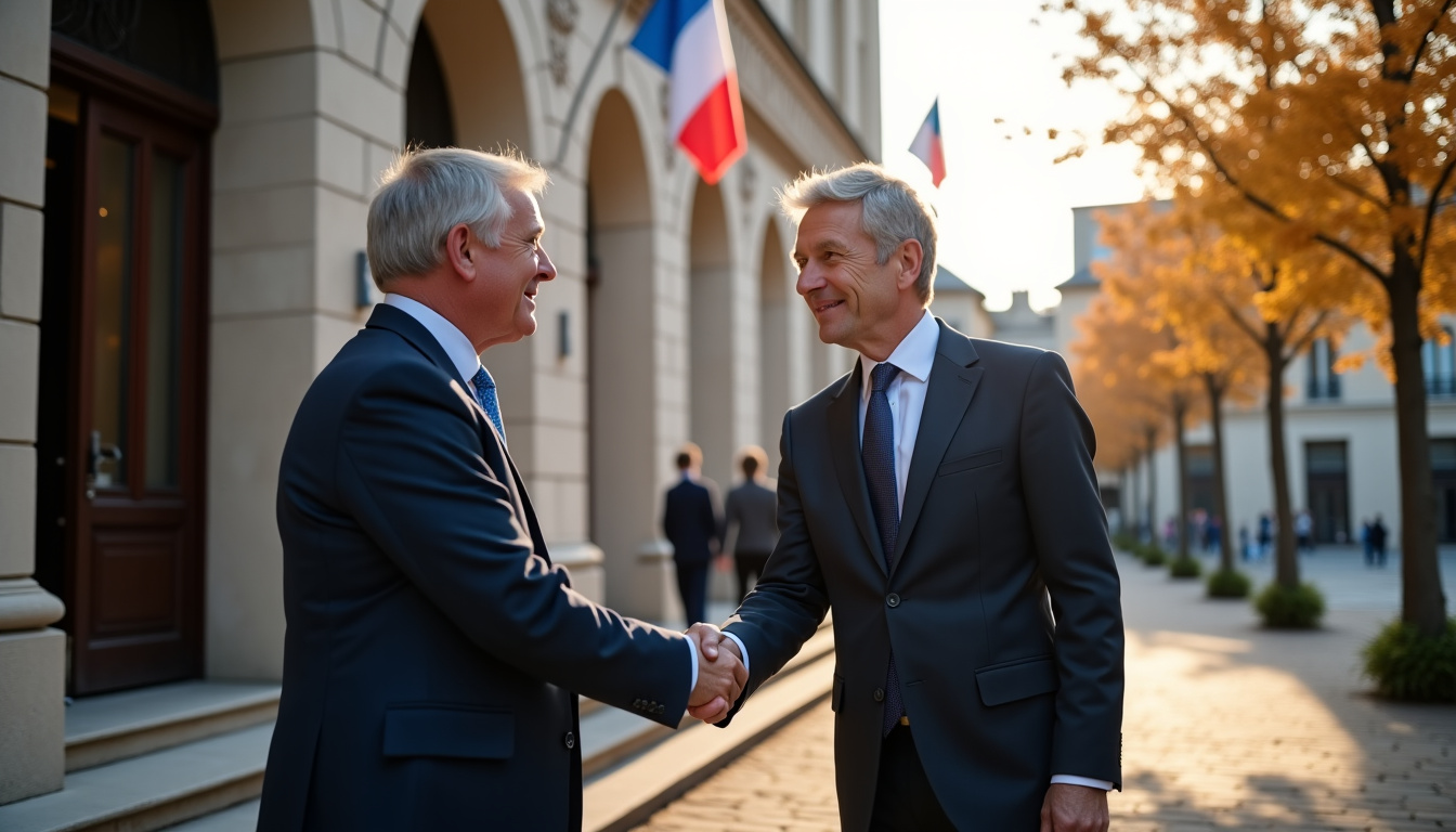 Maire en costume discutant avec des habitants devant l’hôtel de ville d’une ville moyenne