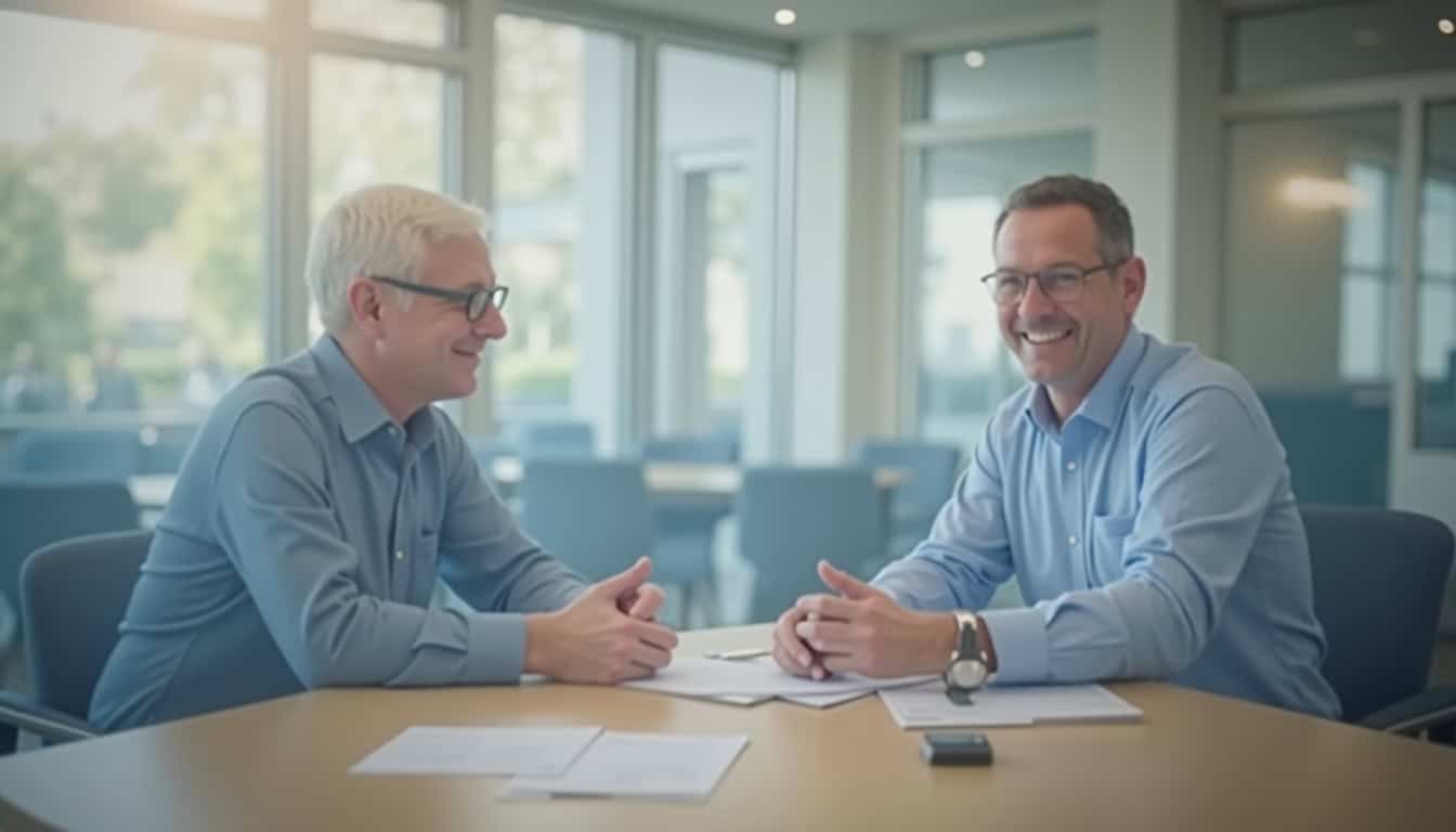 Client en discussion avec un conseiller bancaire dans une agence Crédit Mutuel, représentant l