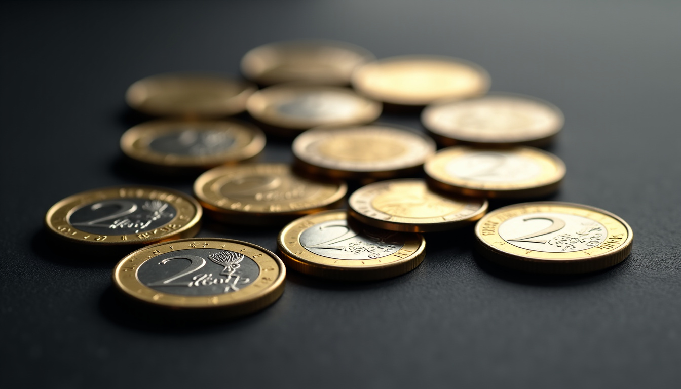 Collection de pièces de 2 euros rares disposées sur un fond noir avec éclairage doux