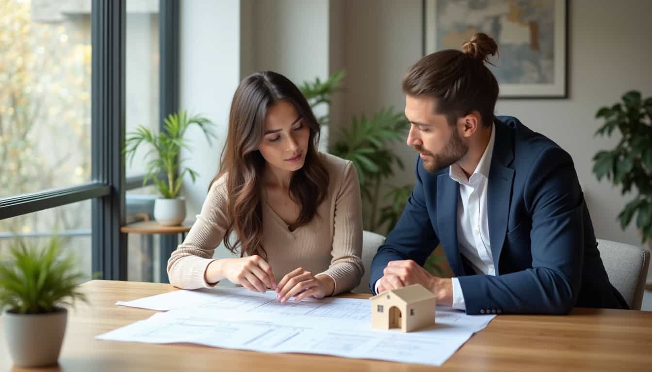 Experts en immobilier neuf et ancien conseillant un couple lors d