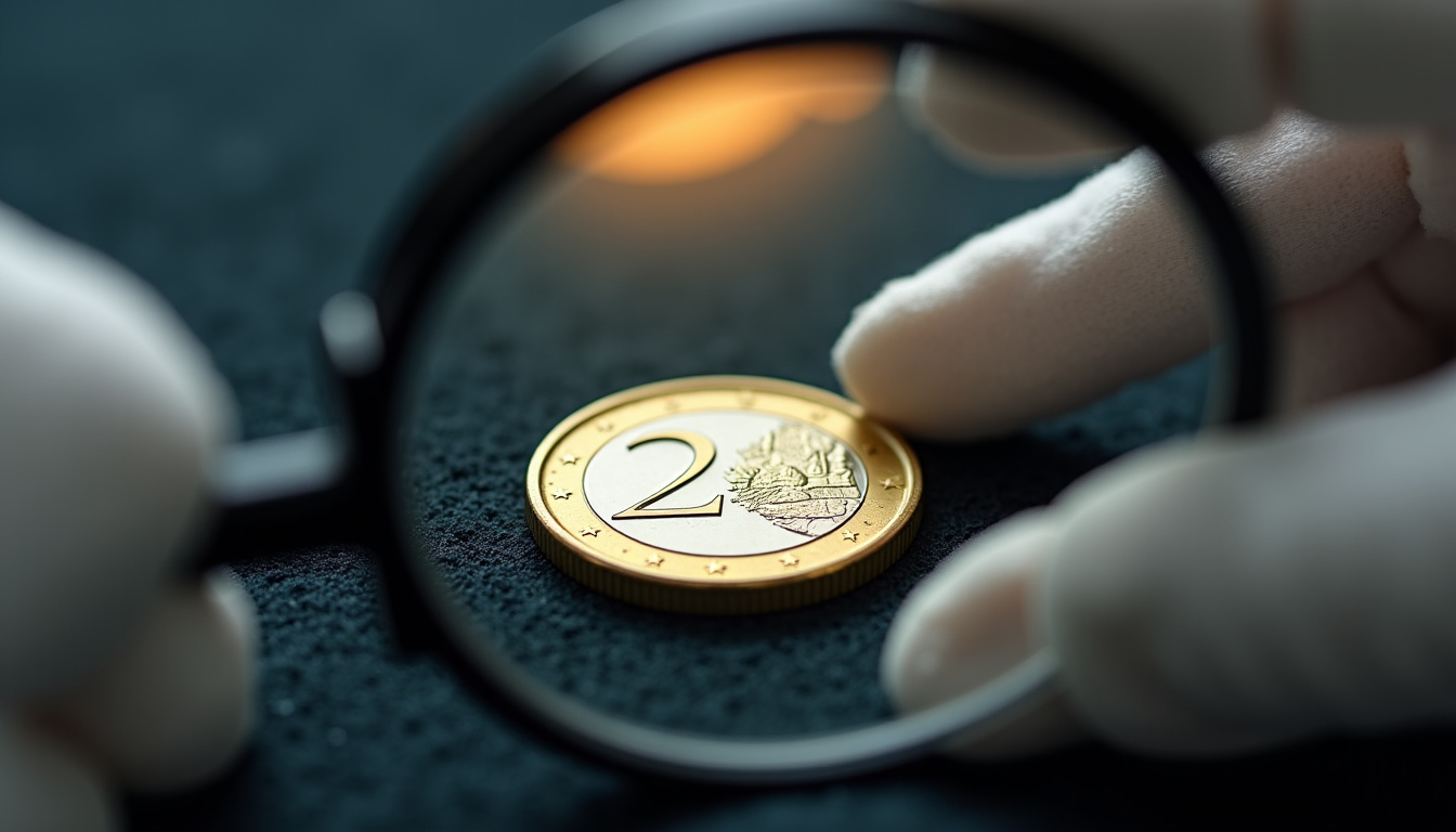 Gros plan sur une pièce de 2 euros montrant une erreur de frappe avec une loupe