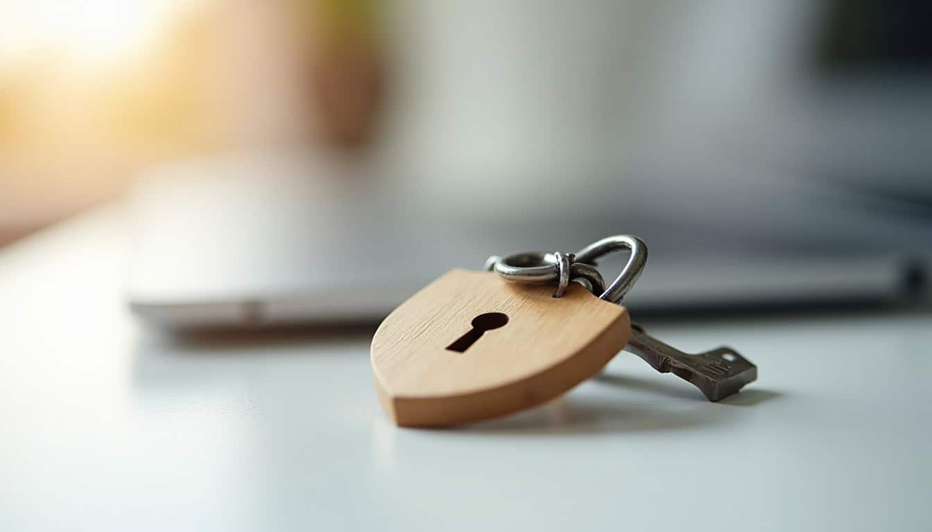 Illustration de sécurité bancaire montrant une clé et un bouclier sur fond de smartphone avec application bancaire