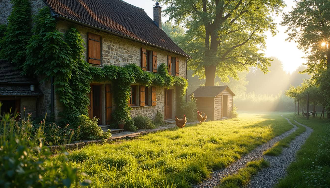 Maison traditionnelle en pierre à Perpezac-le-Noir, entourée de verdure et de terrain arboré