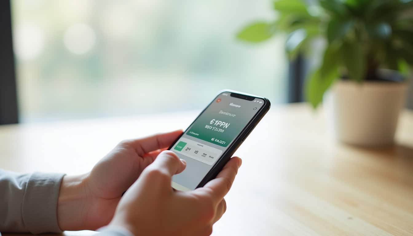 Personne utilisant son application bancaire pour consulter son solde sur un smartphone, représentant l