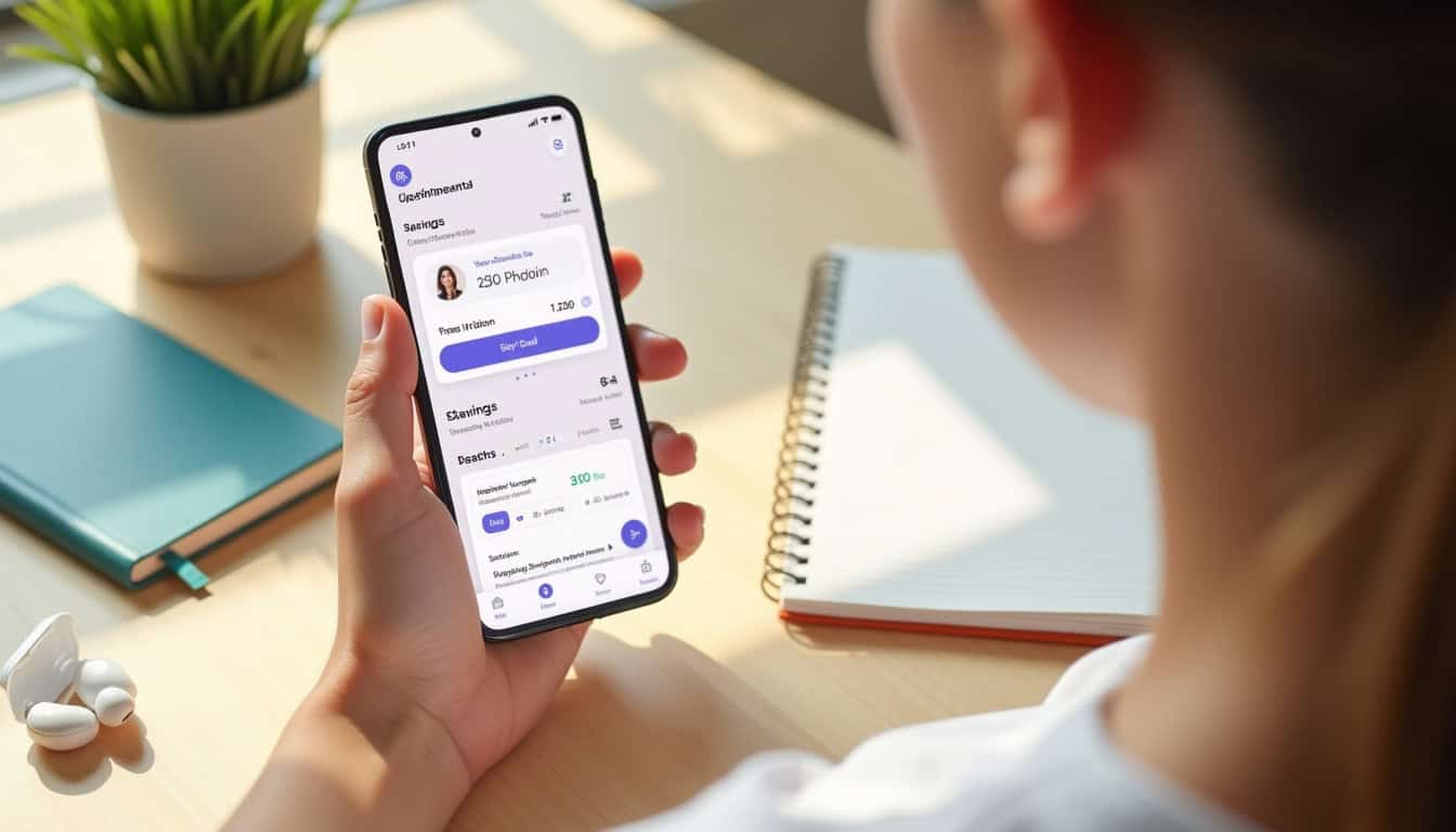 Adolescent utilisant son téléphone pour gérer son compte Connect Origine du Crédit Mutuel, avec interface d