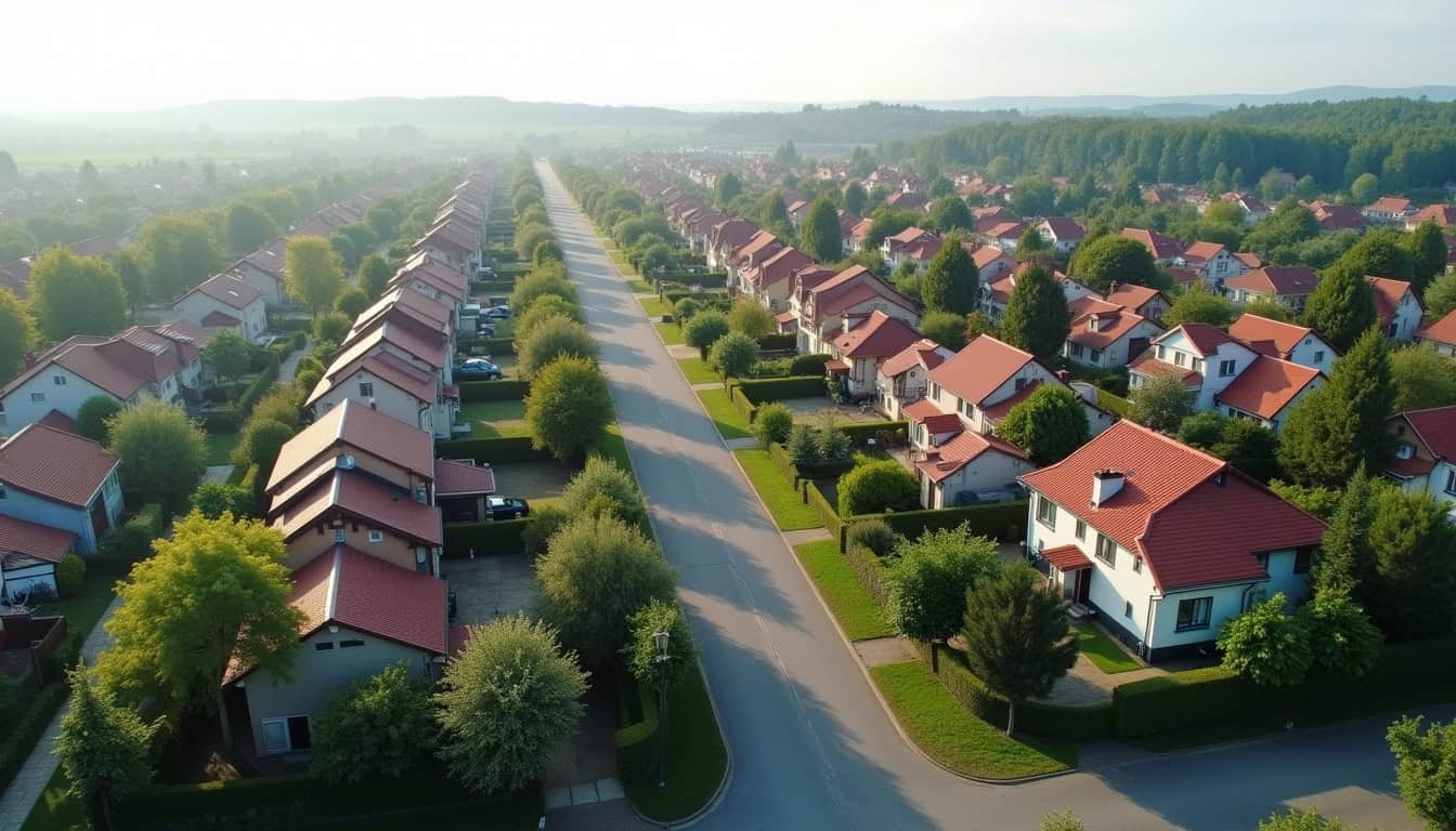 Vue aérienne d’un quartier résidentiel de Rozerieulles avec maisons, jardins et espaces verts
