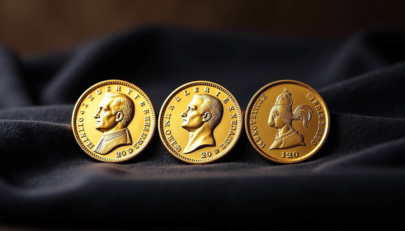 Comparaison des différentes effigies du Napoléon Or 20 francs: Napoléon Ier, Napoléon III, Coq Marianne
