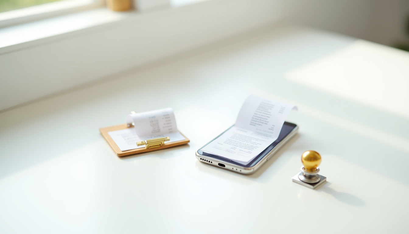 Différents types de reçus sur une table: papier, électronique, fiscal