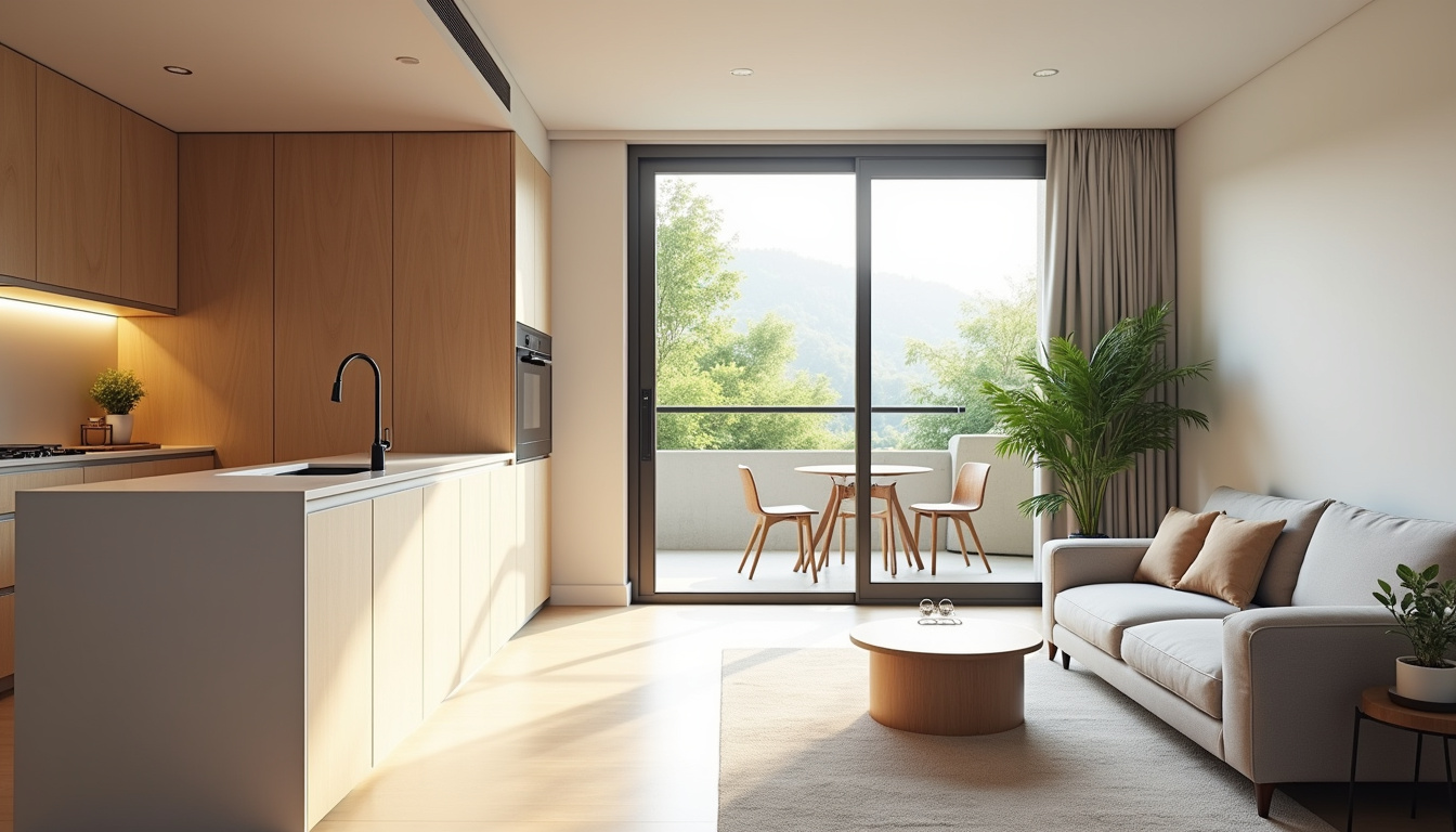 Intérieur lumineux d'un appartement neuf signé Kaufman & Broad, avec cuisine ouverte et salon donnant sur balcon