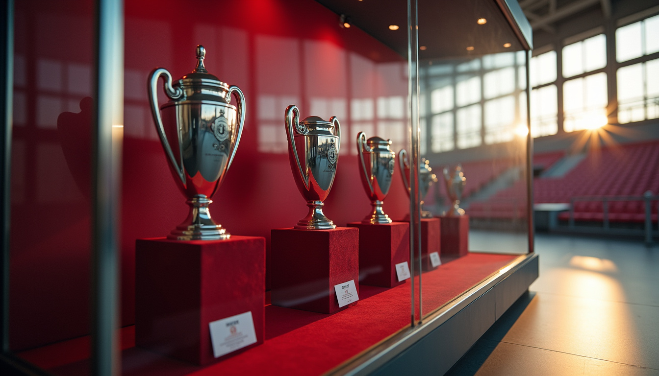Trophées du FC Metz exposés dans une vitrine du stade Saint-Symphorien