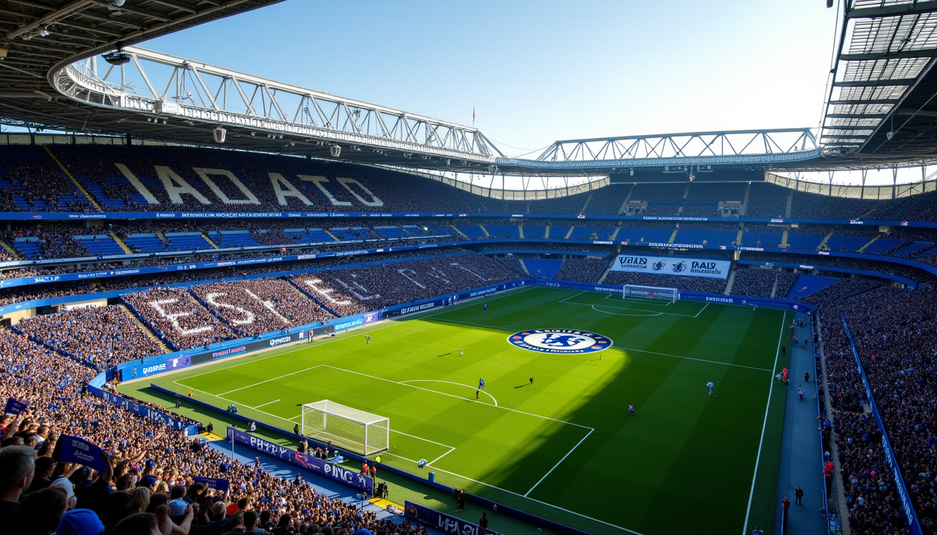 Vue aérienne du stade de Stamford Bridge en 2026, montrant les tribunes pleines et l