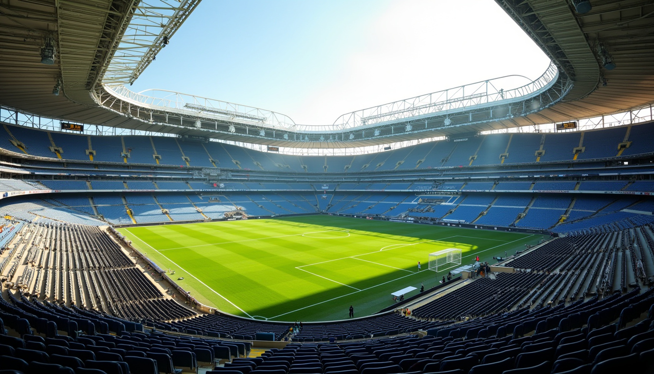 Vue intérieure du Stade de France depuis les tribunes, montrant la pelouse et les écrans géants