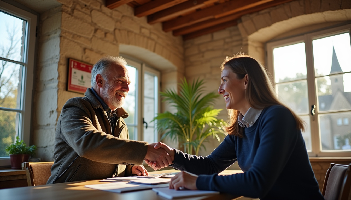 Agence locale du Crédit Agricole en milieu rural avec un client discutant avec un conseiller