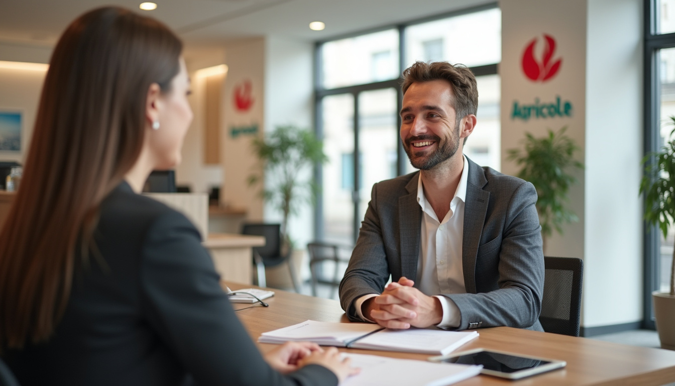 Conseiller bancaire du Crédit Agricole en discussion avec un client dans une agence