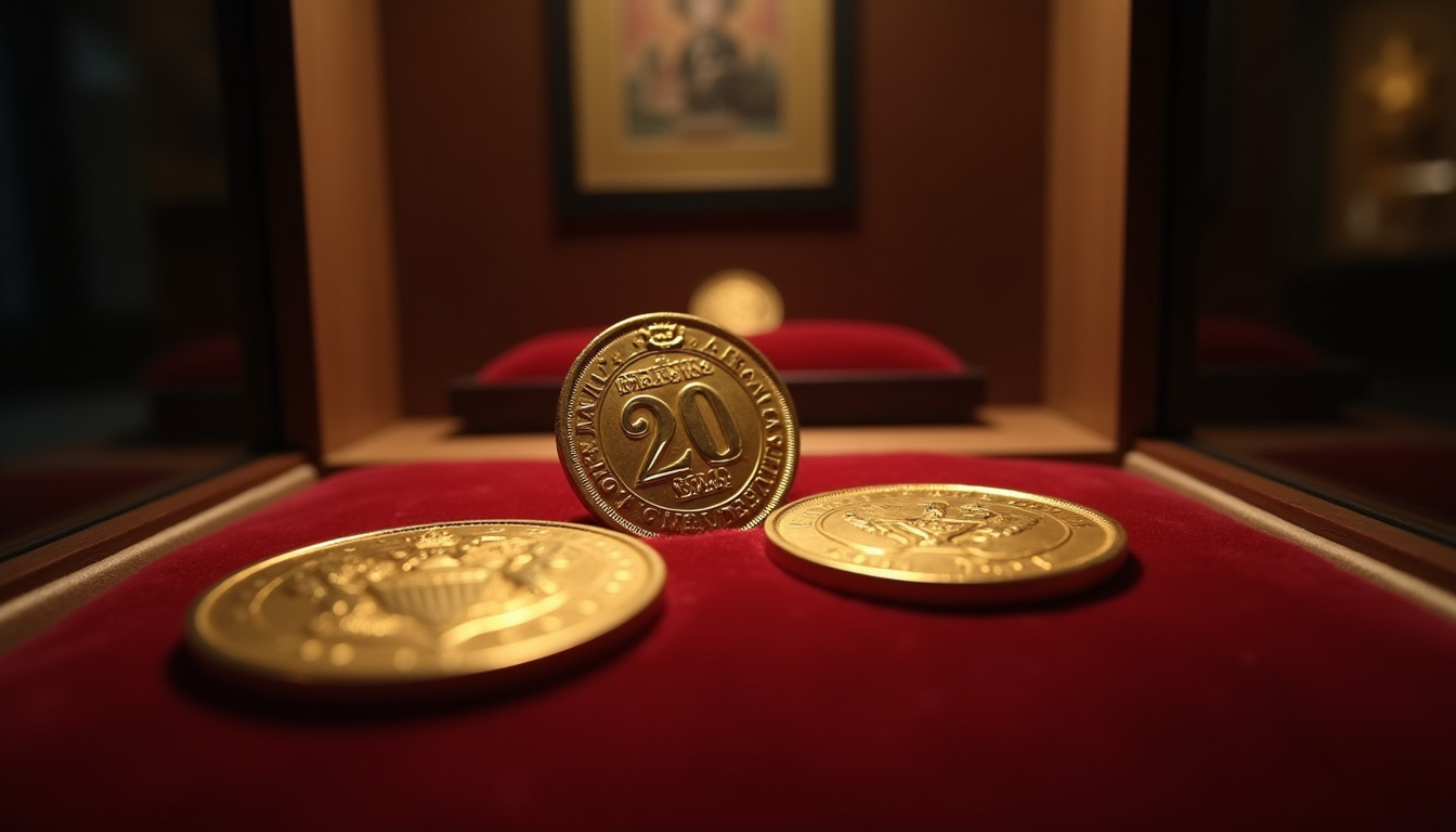 Exposition de pièces anciennes en or, dont des Napoléon 20 francs et des 20 dollars US