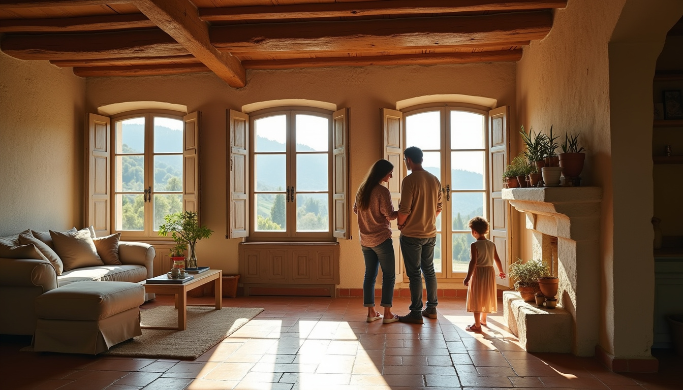 Famille visitant une maison à Vic-en-Bigorre, en discutant avec l'agent immobilier