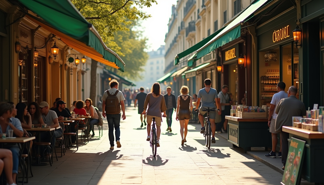 Scène de vie dans le 6e arrondissement de Paris, passants devant des cafés et commerces