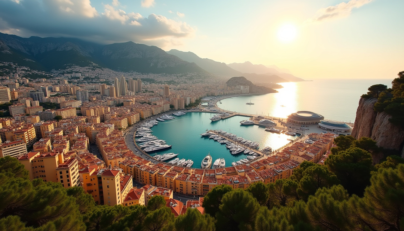 Vue aérienne panoramique de Monaco, montrant la densité urbaine, le port, le Rocher et le stade Louis-II