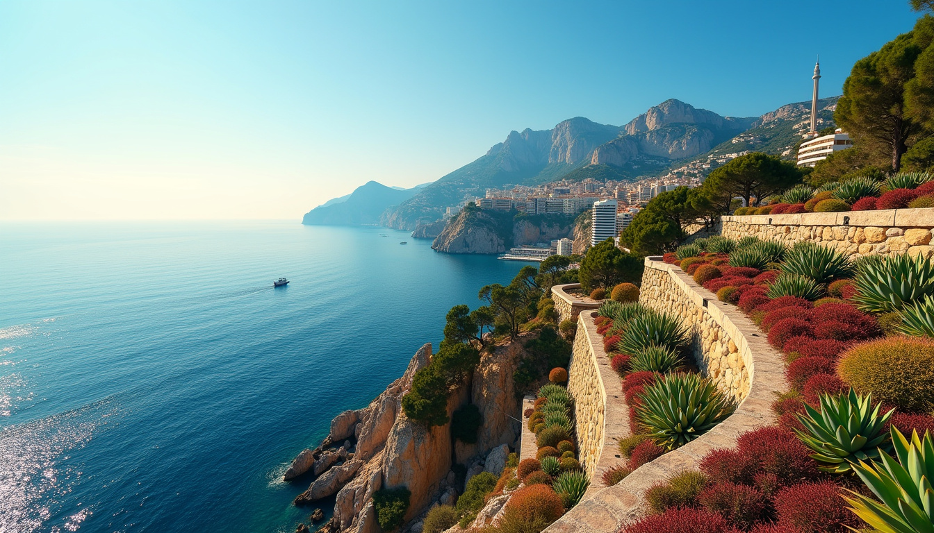Vue panoramique du Jardin exotique de Monaco, montrant les plantes succulentes et les falaises
