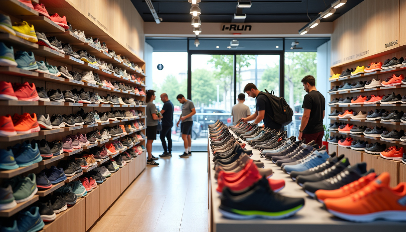 Affichage de chaussures de running et trail dans une boutique i-Run avec différentes marques visibles