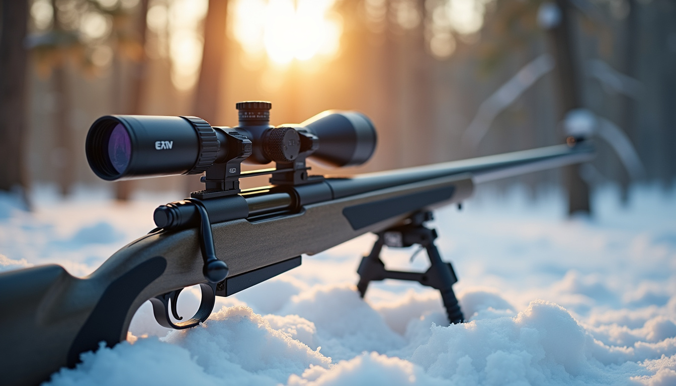 Carabine de biathlon posée sur un support, avec zoom sur les détails techniques