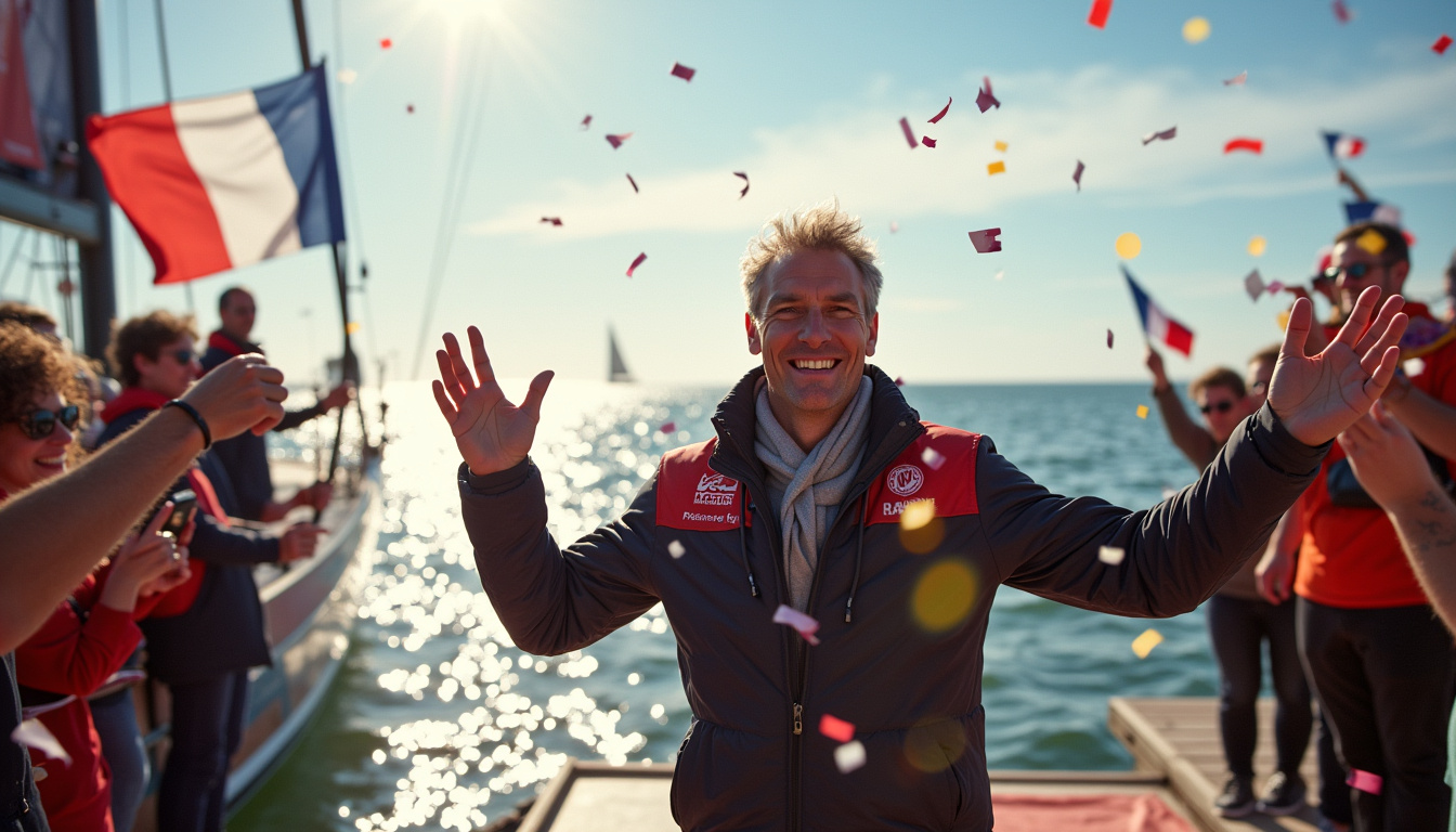 Charlie Dalin franchit la ligne d'arrivée du Vendée Globe aux Sables-d'Olonne, acclamé par la foule