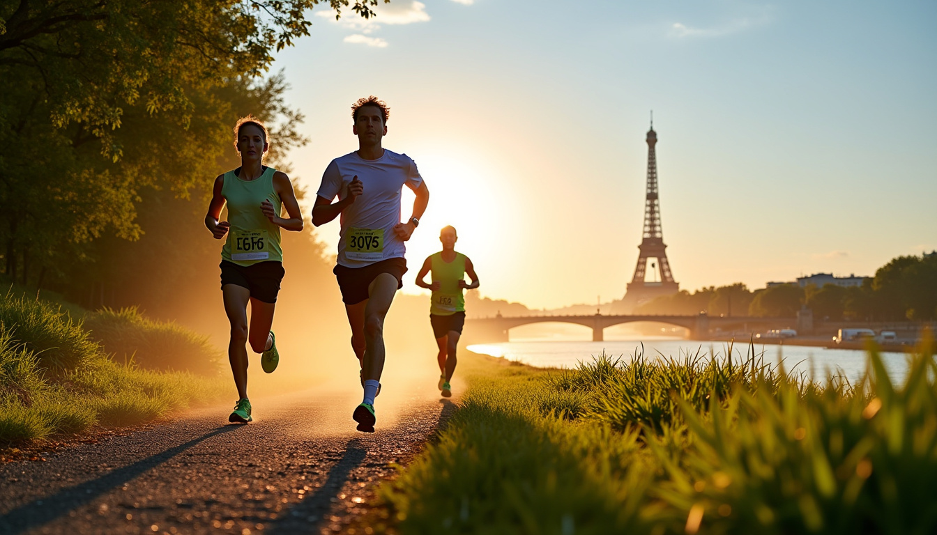 Coureurs participant à l'EcoTrail de Paris avec fond de la Tour Eiffel en arrière-plan