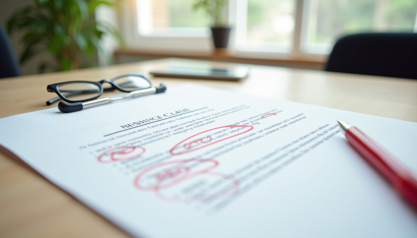 Document juridique avec annotations rouges pointant des erreurs dans une clause bénéficiaire