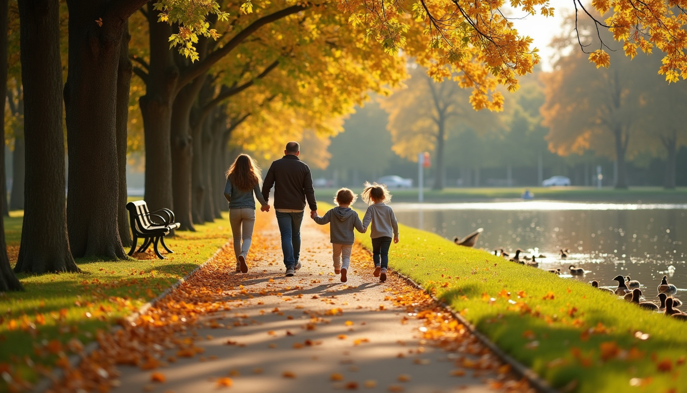 Famille se promenant dans un parc à Angers près du lac de Maine