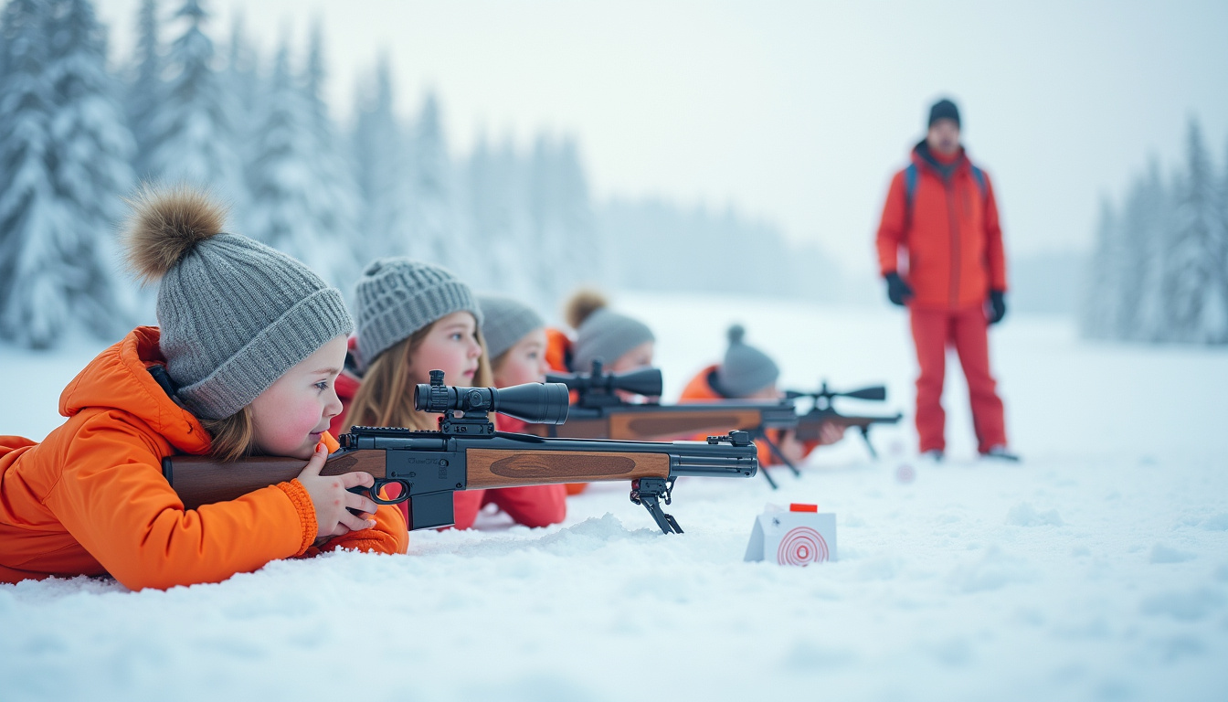 Groupe d’enfants en tenue de ski, encadrés par un moniteur, en position de tir sur une cible réduite