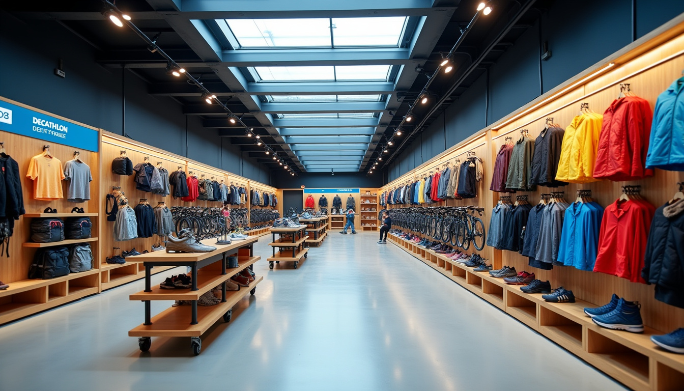 Intérieur d'un magasin Decathlon en 2026, allées bien rangées avec divers équipements sportifs