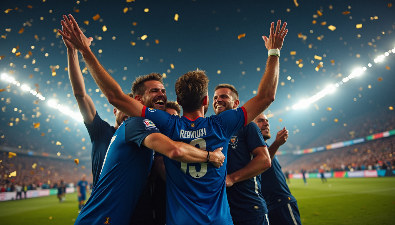 Joueurs de l'équipe de France célébrant leur victoire en finale de la Coupe du monde 2018 contre la Croatie au Stade Loujniki