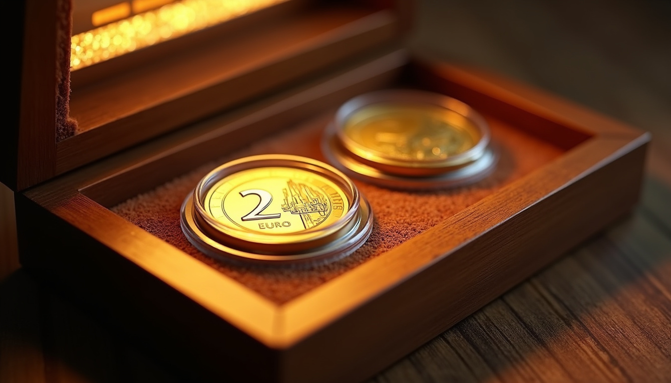 Pièces de 2 euros rares placées dans des capsules de protection transparentes, rangées dans un coffret en bois avec éclairage LED doux