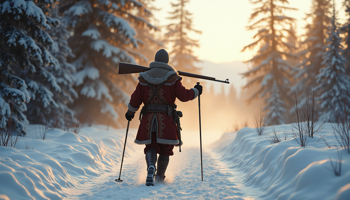 Reconstitution historique d’un soldat skiant avec une arme antique, inspirée des gravures scandinaves