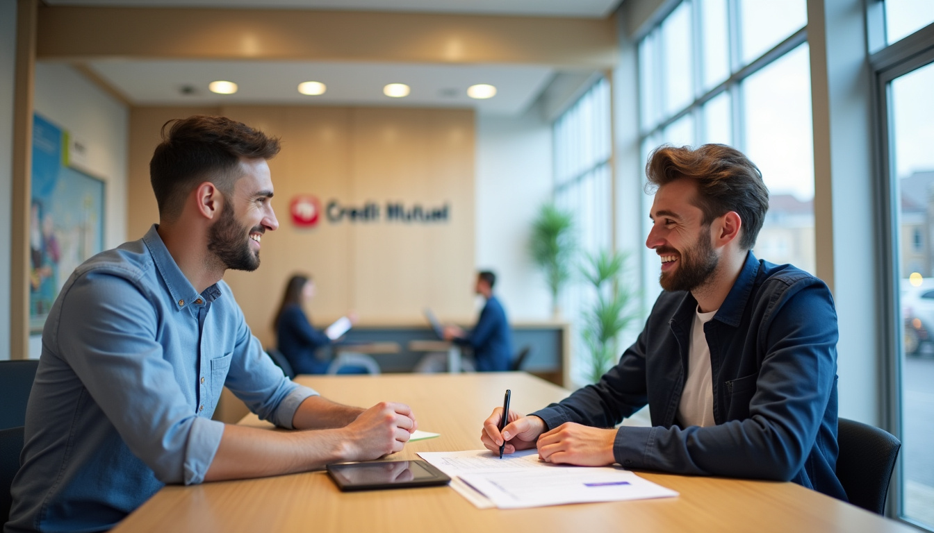 Client en train d’ouvrir un compte au Crédit Mutuel dans une agence avec un conseiller