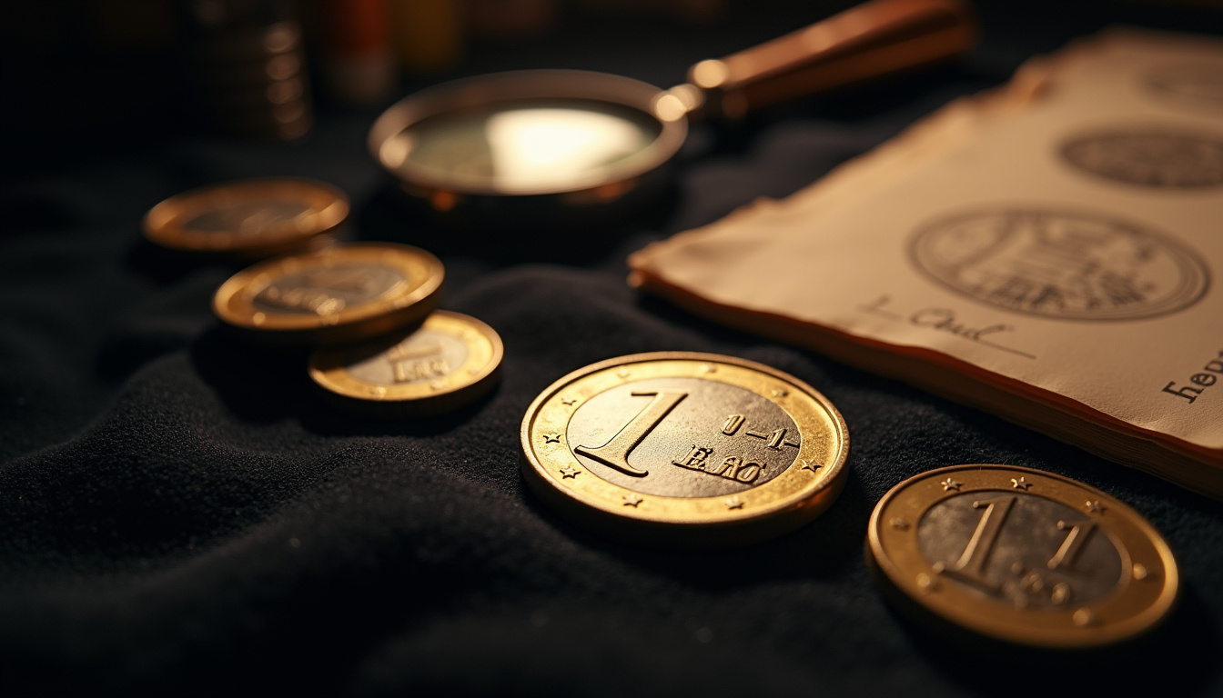 Collection de pièces de 1 euro rares disposées sur fond noir avec loupe et document de référence